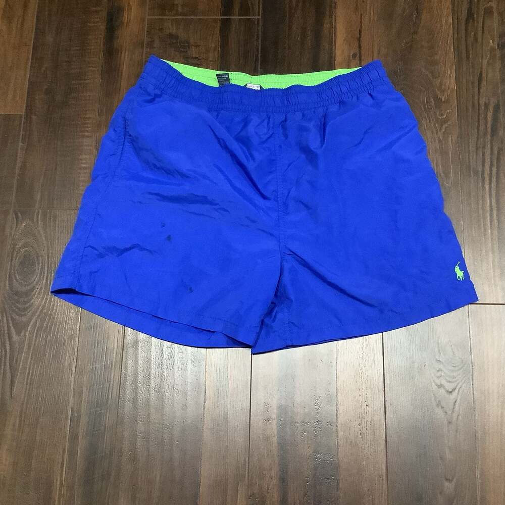 Polo Ralph Lauren Men's Size L Blue Swim Trunks with Lime Green Logo and Lining